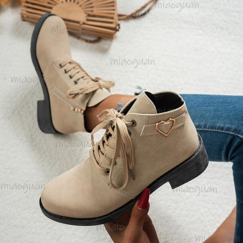 Chunky Mid Heeled Women's Autumn Winter PU Short Boots British Style Side Zip Casual Lace Up Shoes Round Toe Ankle Boots Size35