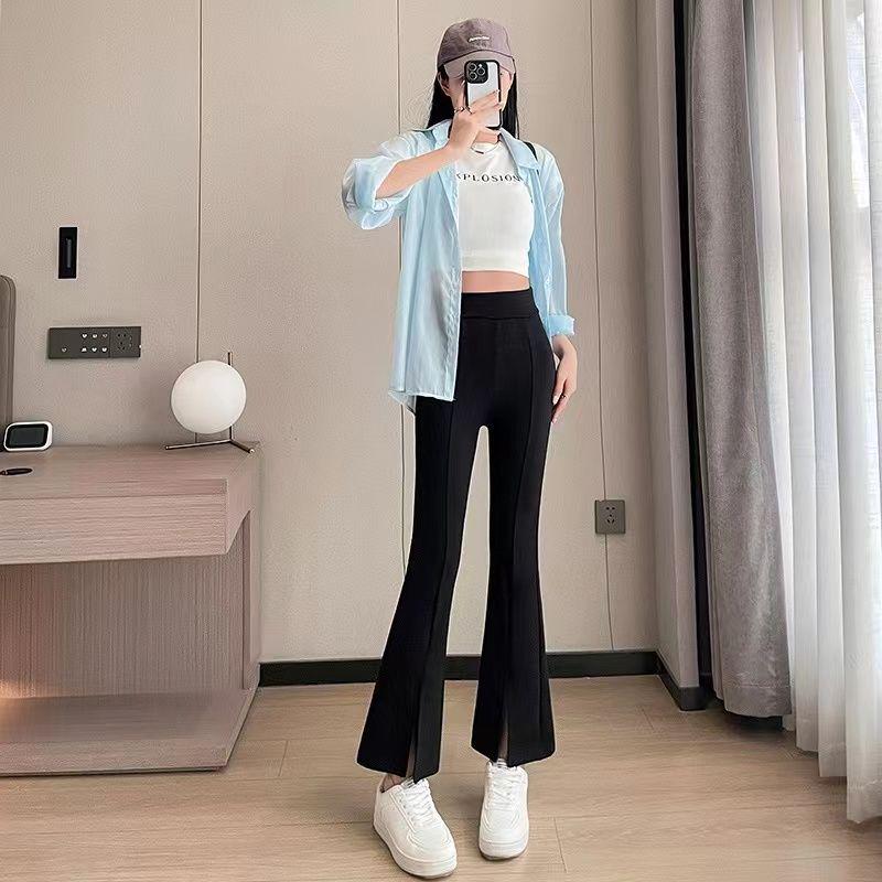 Women s High Waist Black Flare Pants - Summer Slimming Elastic with Split Hem XL (110-119 jin)