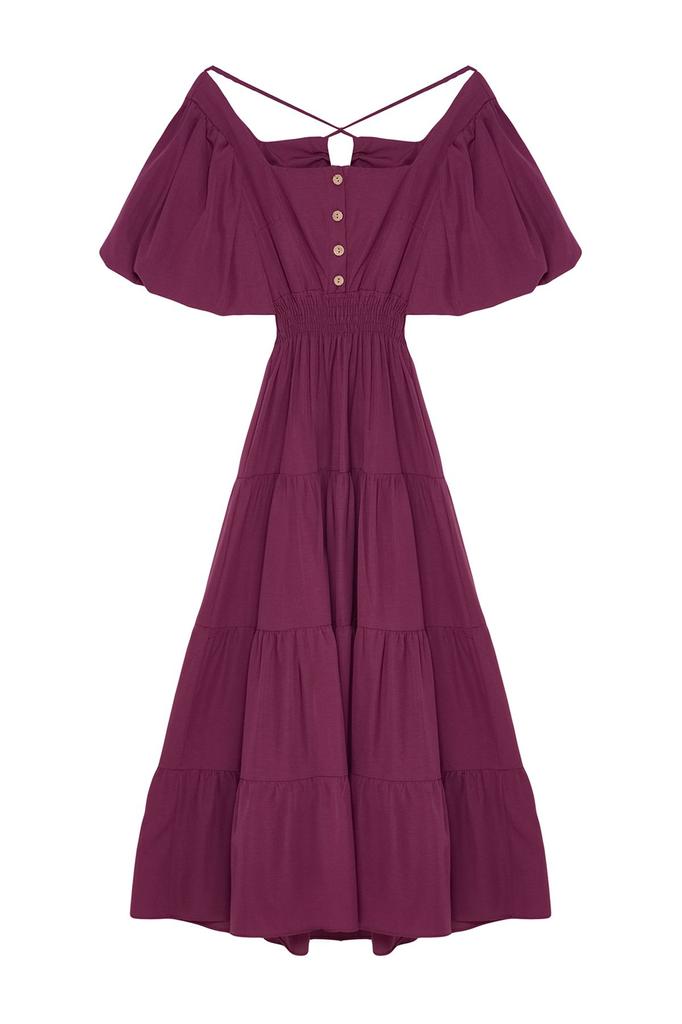 Women's Style Dress Pink Square Neck Maxi Woven Dress with Opening Waist and Back Detail