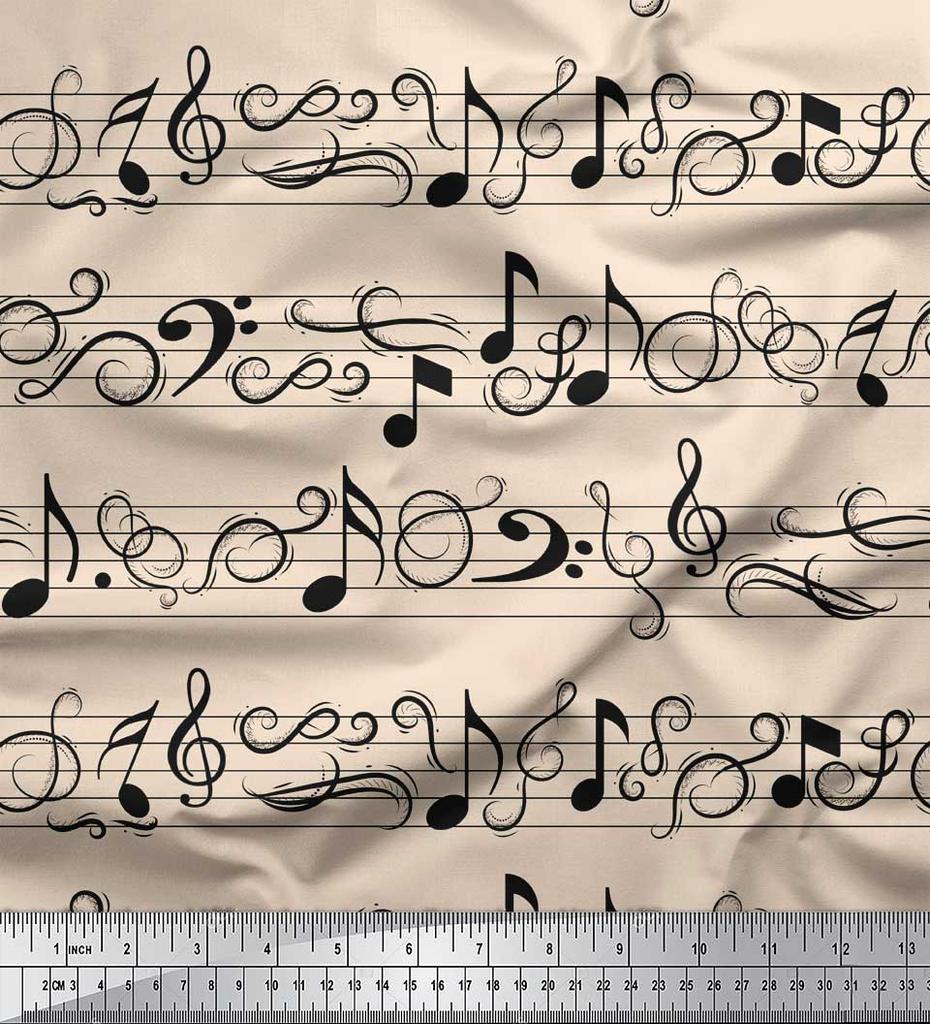 Soimoi White Japan Crepe Satin Fabric Notes Musical Instrument Printed Fabric 1 metre 42 Inch