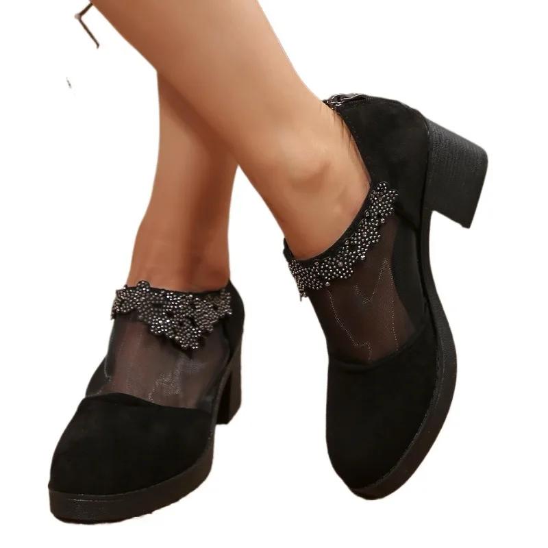 2025 New Ankle Back Zipper Women's Boots Mesh Cut-Out Round Plus Size Crystal Best Seller Non-Slip Sandal Boots Zapatos