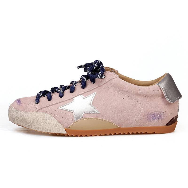 

Genuine Leather Vintage Distressed Women s Star Sneakers - 2025 Autumn Collection Casual Flats 36 рожевий