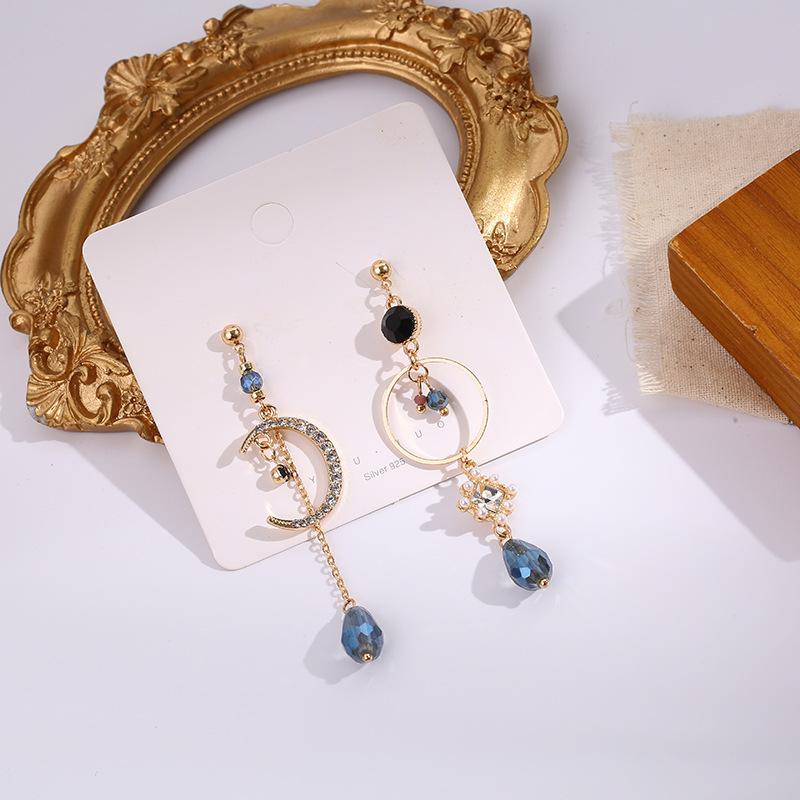 Sweet Shiny Crystal Geometric Circular Drop Earrings Long Asymmetric Fine Moon Modelling Fashion Women Earrings