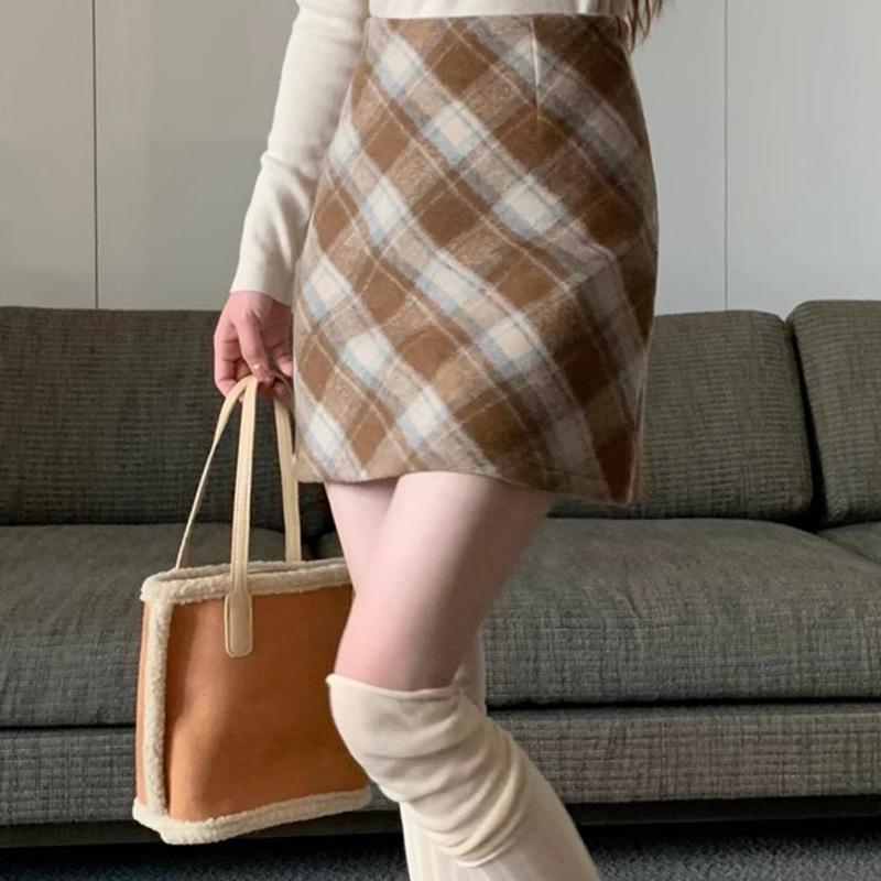 

Ретро шерстяная клетчатая юбка А-силуэта с высокой талией для женщин (Весна/Осень/Зима) 4XL