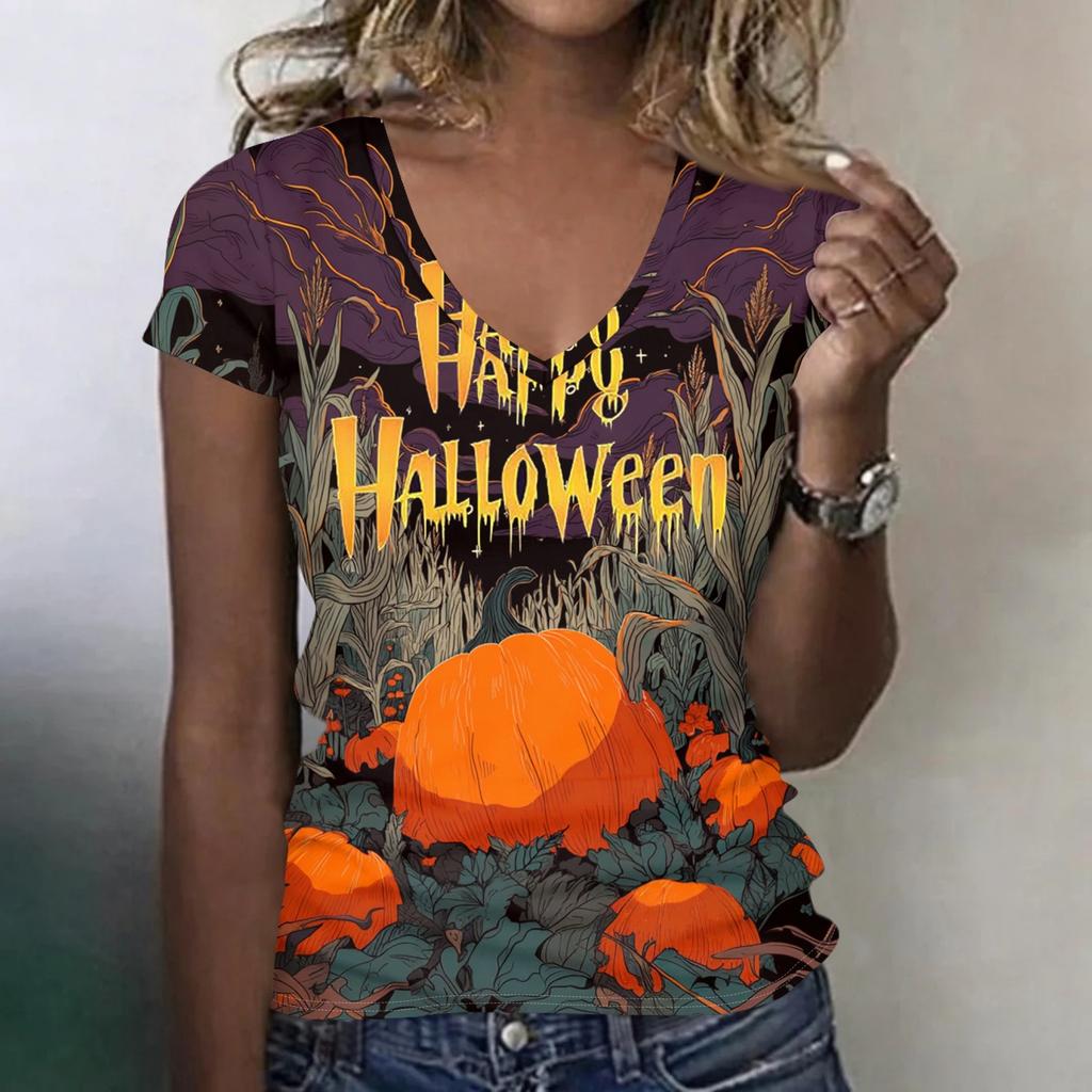 Women's V-Neck Halloween Print Lightweight Blouse for Spring and Summer