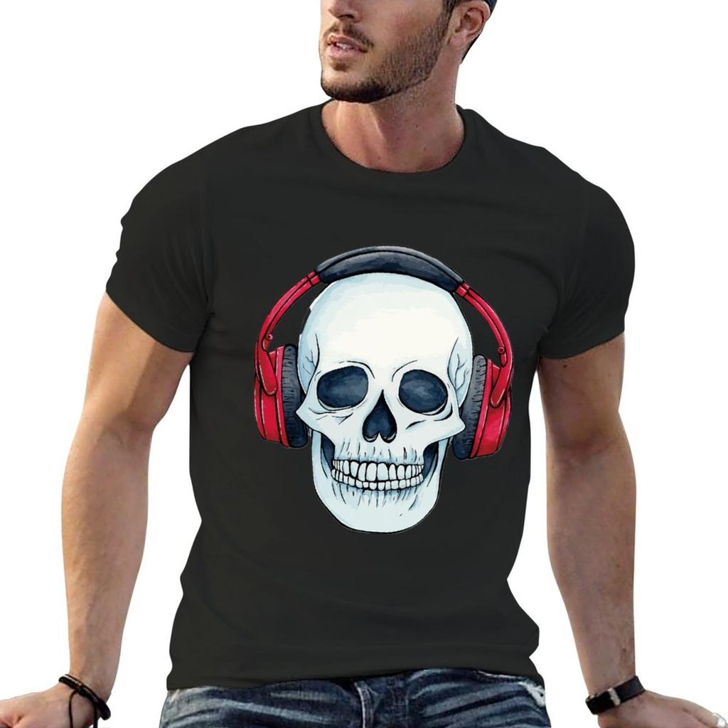 Neues Totenkopf mit Kopfhörern T-Shirt Sweatshirts schwarze T-Shirts niedliche Oberteile Herren Grafik-T-Shirts Hip Hop