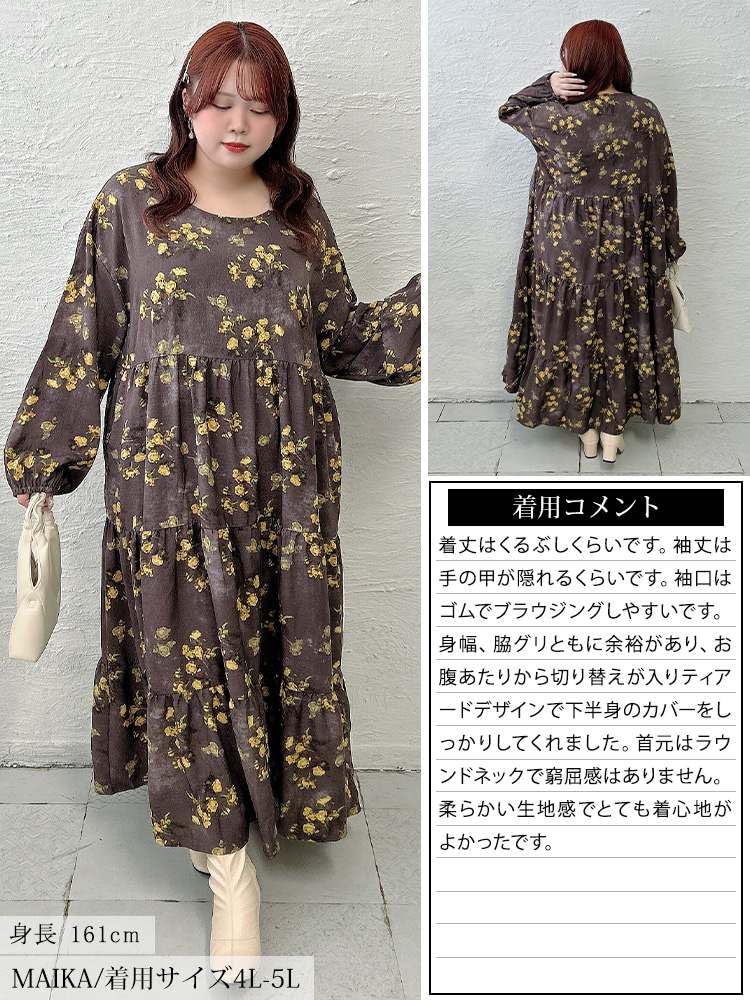 Gold Japan Plus Size Maxi Floral Round Sizes Women's Dress, Print, Tiered, Flared, Neck, Pockets, Fall/Winter/Spring, Maru-30208, Gray, 4L-5L
