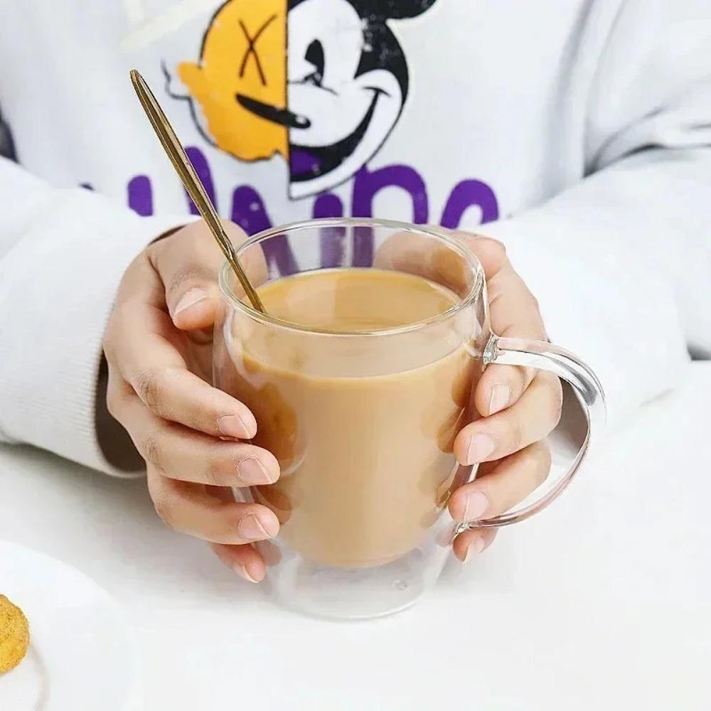 150-450ML Double-layer Transparent Glass Coffee Cups with Handle Double-layer Heat Insulation High Temperature Juice Milk Cups