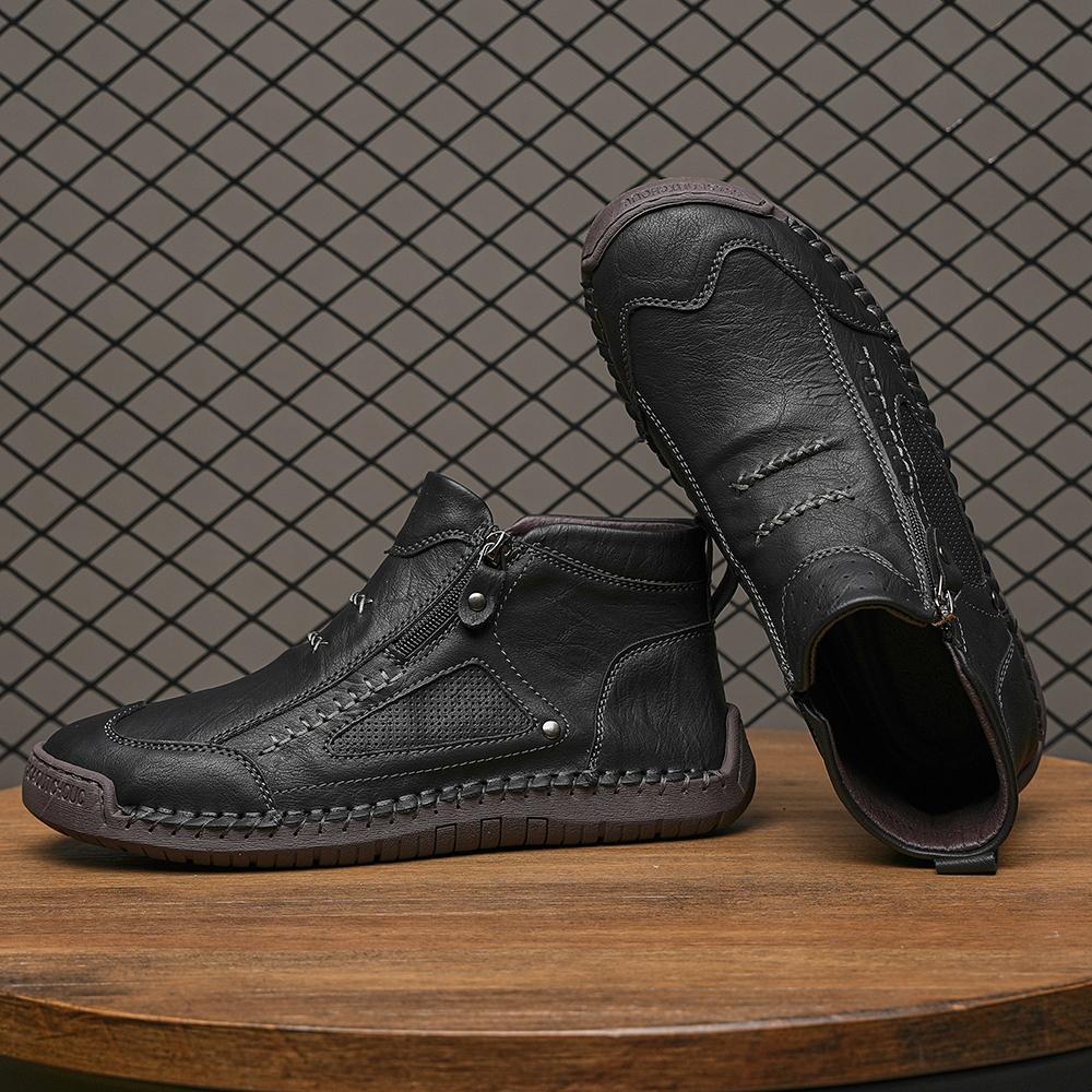 Men's Leather Ankle Boots Outdoor Casual Boots Casual Soft Sneakers Flat Lace-up Boots Handmade Large Size Mens Shoes Botines