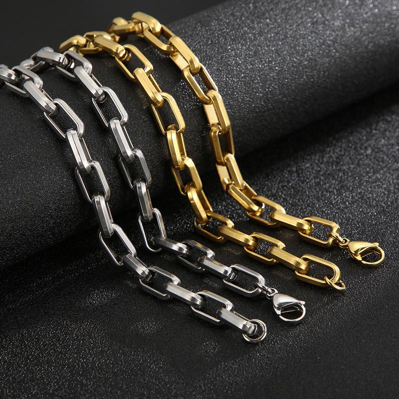 European & American Style Men's Titanium Steel Paperclip Chain Necklace & Square Bracelet