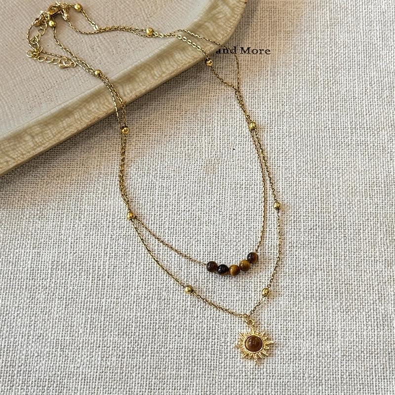 Sun Star Zircon Necklace For Women Vintage Leather Necklace Double Layered Pendant Chain Choker  Jewelry