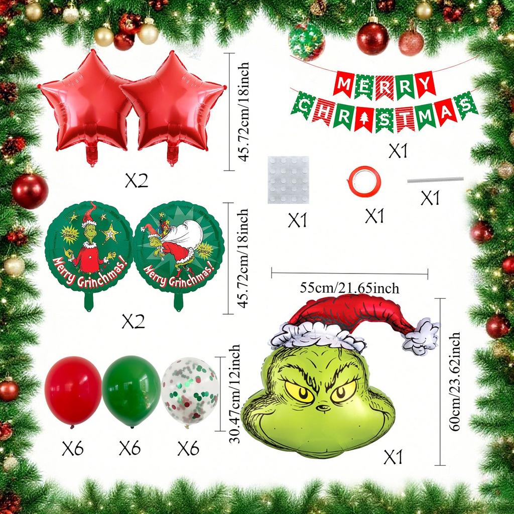 Christmas Theme Party Decoration Balloon The Grinch Santa Gingerbread Man Aluminum Balloon Flag Set