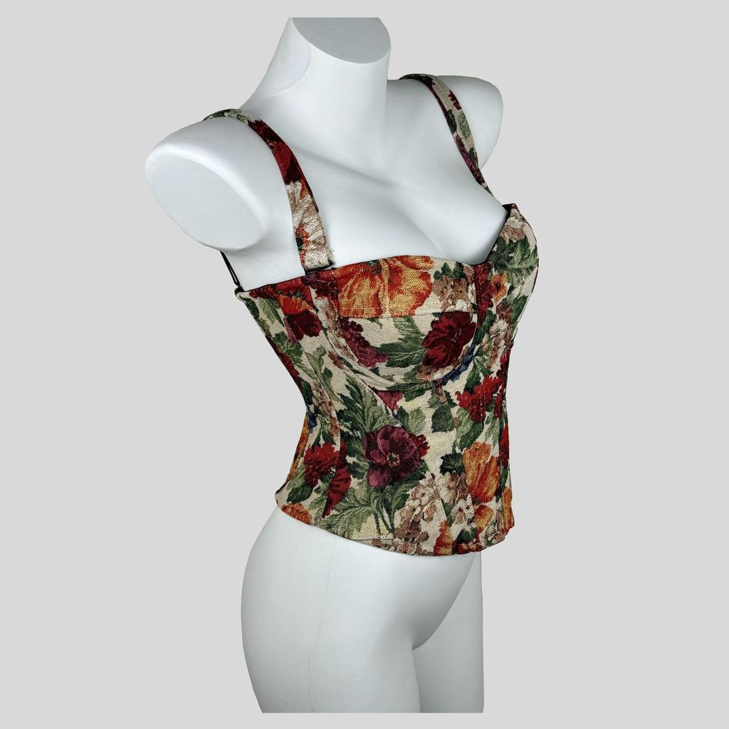 Women's Vintage Floral Boned Corset Top, Push Up Bustier Spaghetti Strap Crop Top For Waist Cinching & Layering