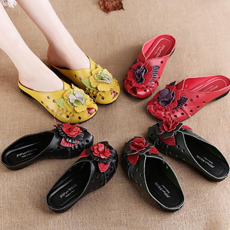 New Summer Genuine Leather Shoes Women Sandals Old Beijing Style Cow Leather Shoes Flowers Black Red Yellow Plus Size 41
