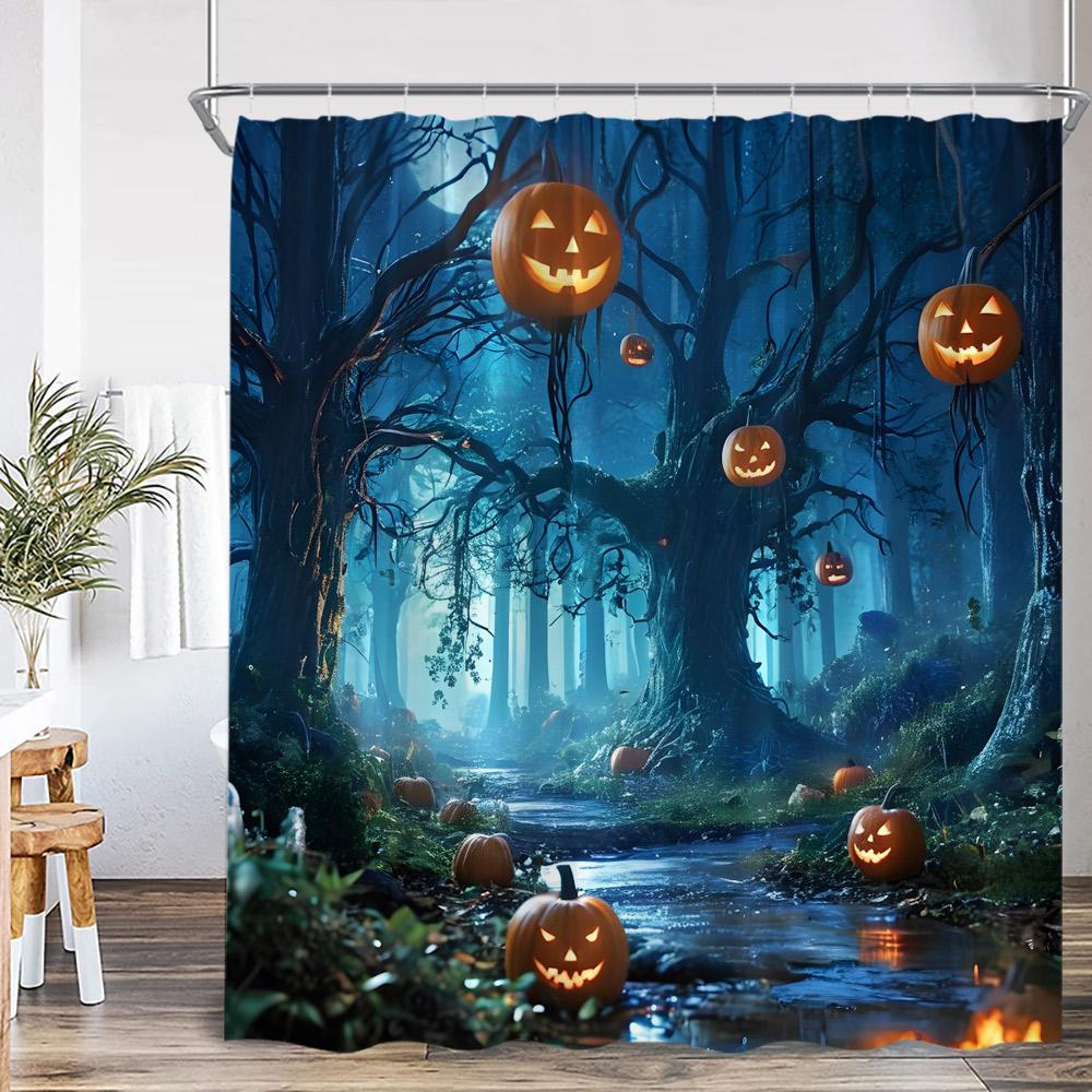 Halloween Shower Curtain Dark Forest Haunted House Graveyard Pumpkin Lantern Ghost Spooky Bathroom Decor Halloween Bath Curtain