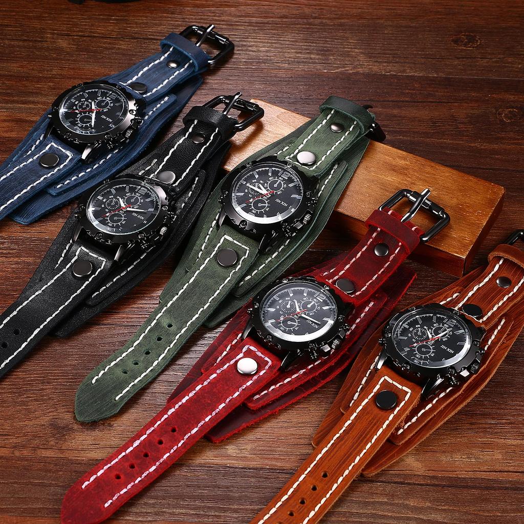 Armbanduhr, Rock-Punk-Armband, Leder, analog, wasserdicht, Echtledergürtel, breit, stilvoll, Quarzuhr, modisches Accessoire, für Geburtstage, Jahrestage, Weihnachten