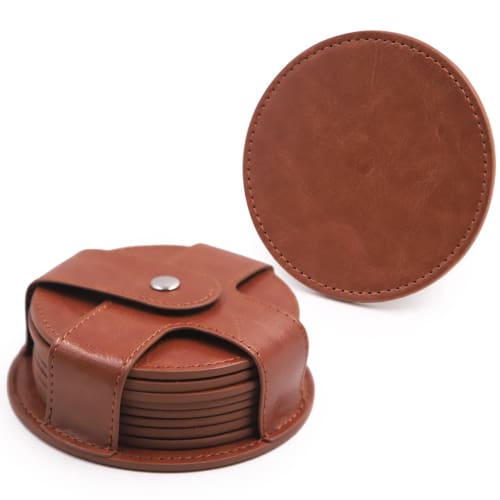 TOSSOW Coasters, PU Round Cup Mats with Storage Case, Waterproof and Heat-Resistant Pads, Set of 8 (Brown)