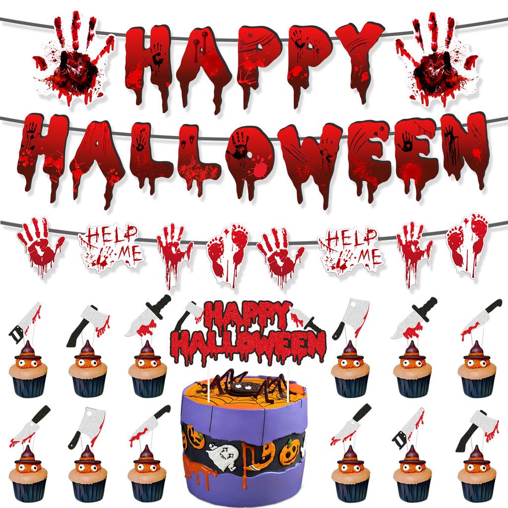 Halloween Bloody Horror Party Arrangement Bloody Handprint Birthday Flag Honeycomb Ornament Set