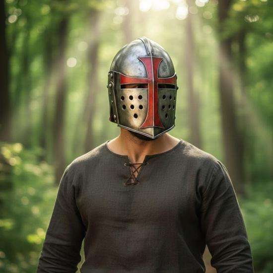 Handmade Medieval Crusader Helmet, Templar Knight Helmet with Red Cross, Steel Great Helm Cosplay, Display Gift