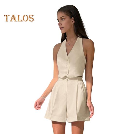 

2 шт./компл., женский жилет, шорты, костюм без рукавов, однобортный, с открытыми плечами, с бретелькой на шее, на пуговицах, сплошной цвет, жилет с высокой талией, прямая длина до колена M хаки