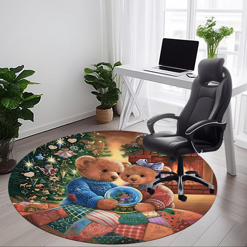 1pc Teddy Bears Christmas Chair Carpet for Office, Indoor Non Slip Washable Polyester Fiber Carpet,