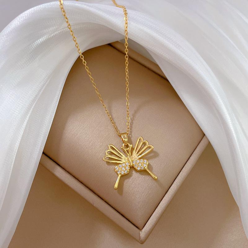 Titanium Steel Empty Butterfly Light Luxury Temperament Full Diamond Necklace Women'S Versatile Collarbone Chain Titanium Steel Chain
