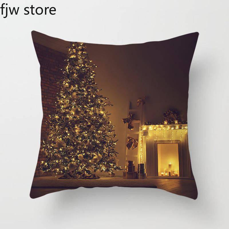 Christmas Decor Pillow Cover  Tree Gift Fireplace Print Throw   New Year Home  Sofa Cushion