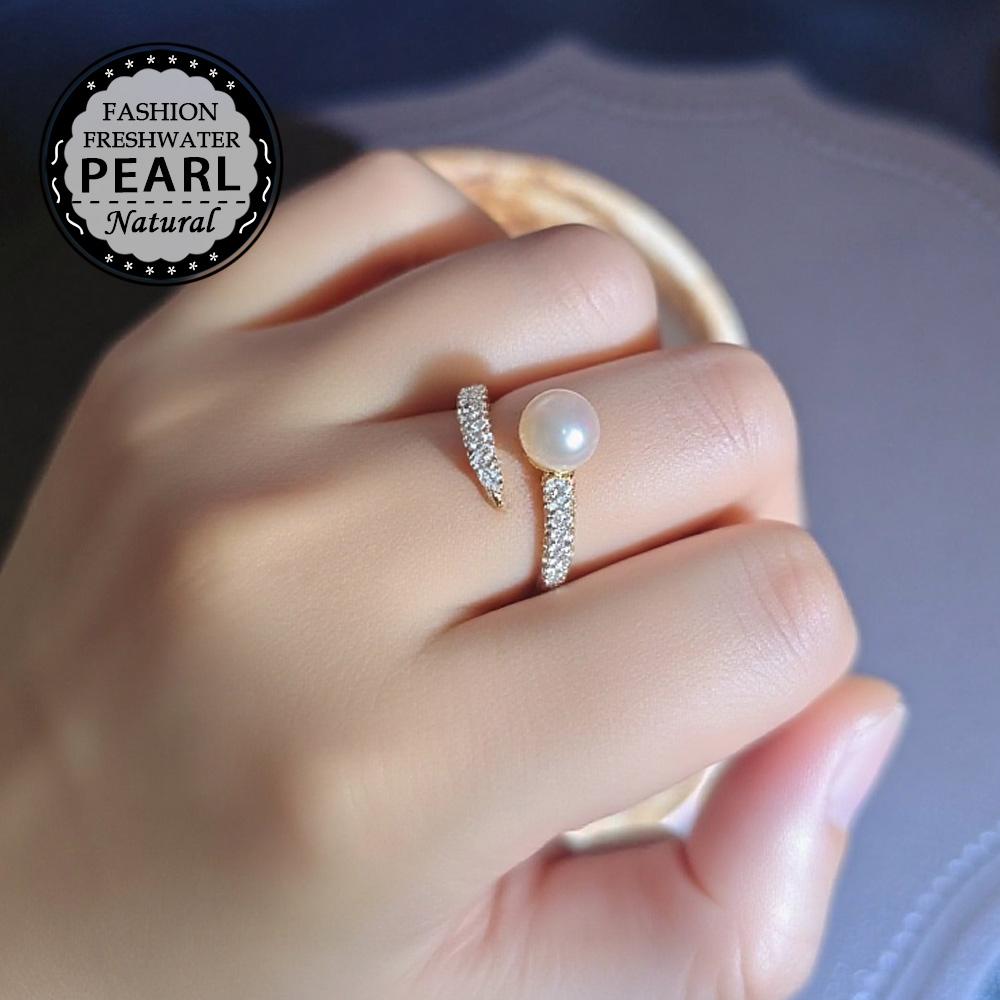 seniko Natural Freshwater Pearl Rings For Women Fashion Female Cubic Zirconia CZ Flower Ring Pearl Jewelry Adjustable Ring