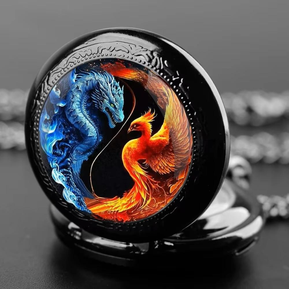 Vintage Retro Dragon Phoenix Chinese Yin yang Quartz Unisex Men Women Pocket Watch Quartz Necklace Pendant Clock Chain  Classic Dial Jewelry Gift