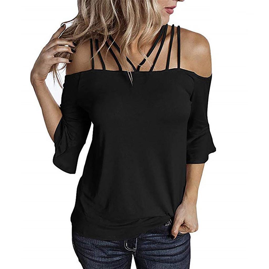 Women Fashion Plus Size Flare Sleeve Off Shoulder T-shirt Solid Color Top
