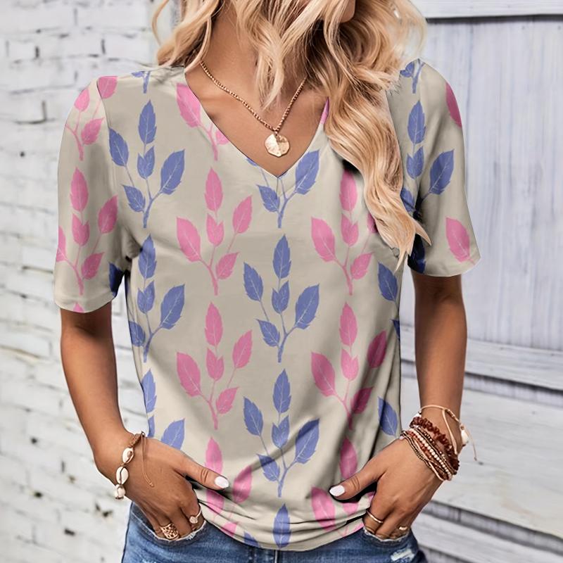 Fashionable summer leaf 3D printed women s V-neck short sleeved shirt XS