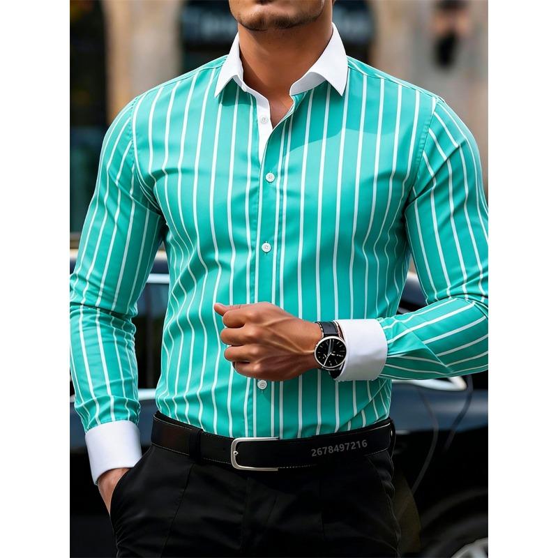 Męska koszula w paski z długim rękawem w stylu business casual, stylowy design z kołnierzem i kontrastowymi wstawkami, męska koszulka casual.