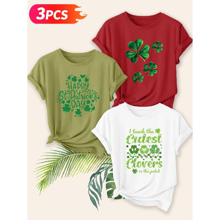 Three-piece set Elegant short-sleeved shirt for women St. Patrick's Day Clover Print Round Neck Women's T Shirt Suitable for spring