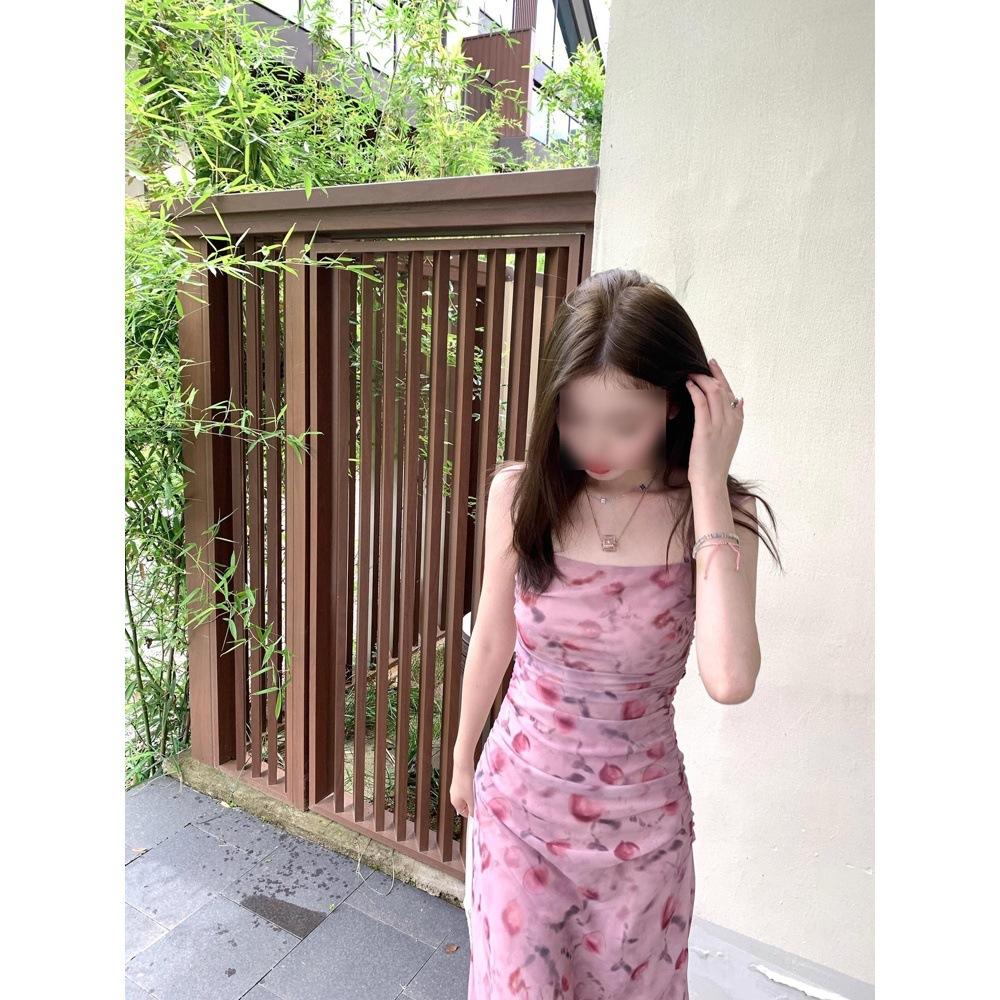 Rosa geblümtes Trägerkleid Kinder Sommer neue Mode Urlaubsstil Taillenkleid