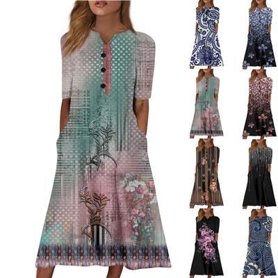 Women's Summer Casual Printed V-Neck Short-Sleeve Swing Dress