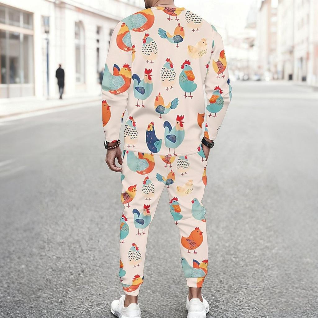 Men Black Base Farm Animal Pumpkin Sunflower Full Print Long Sleeve Sweatshirt Jogger Pants Two Piece Suit