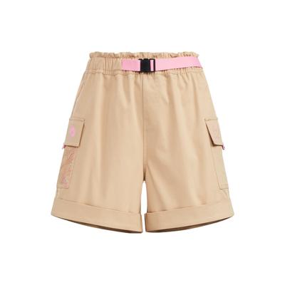 Pantalones cortos rectos con cinturón y hebilla de bolsillo grande con estampado de logotipo bordado para mujer, color caqui HN2343