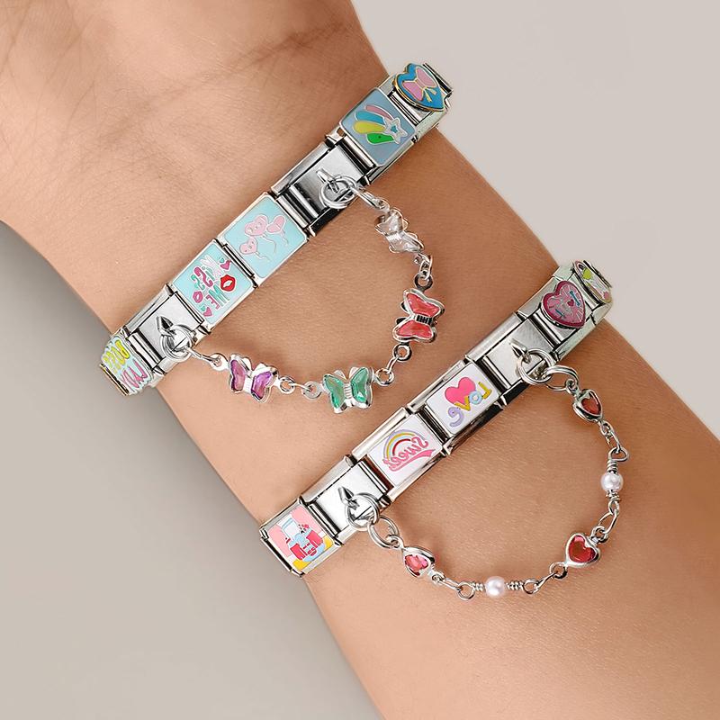 Star Butterfly Heart Zircon Round Pearls Tassel Chain Italian Charm Links Fit 9mm Bracelet Stainless Steel Women DIY Making Gift