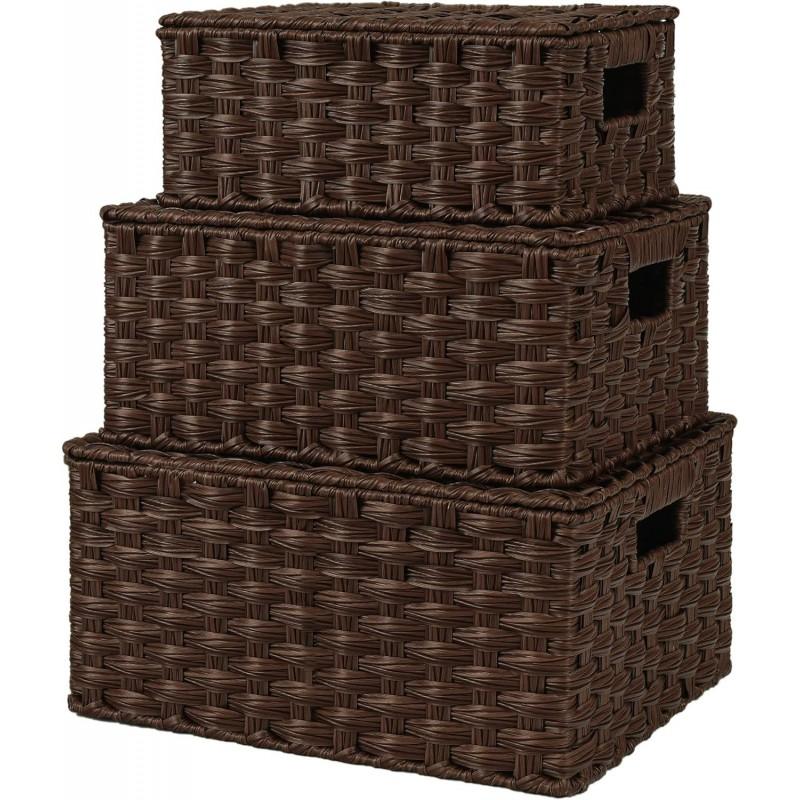 Woven Storage Basket With Lid Lock PET Material Organizer Box Clothes Toys Cosmetics Office Supplies