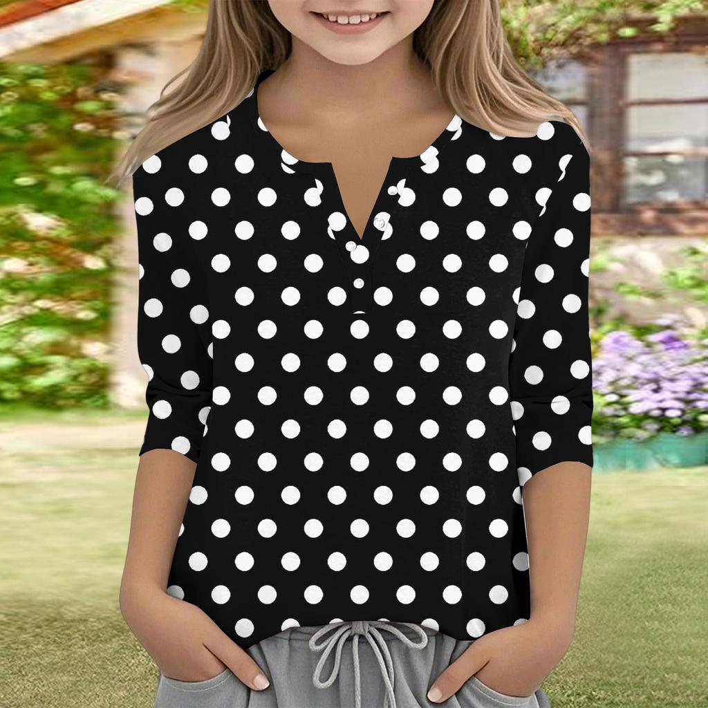 Print Tops For Youth Girls V Neck Button 3/4 Sleeves T-Shirts Trendy Tops Outfit Tees