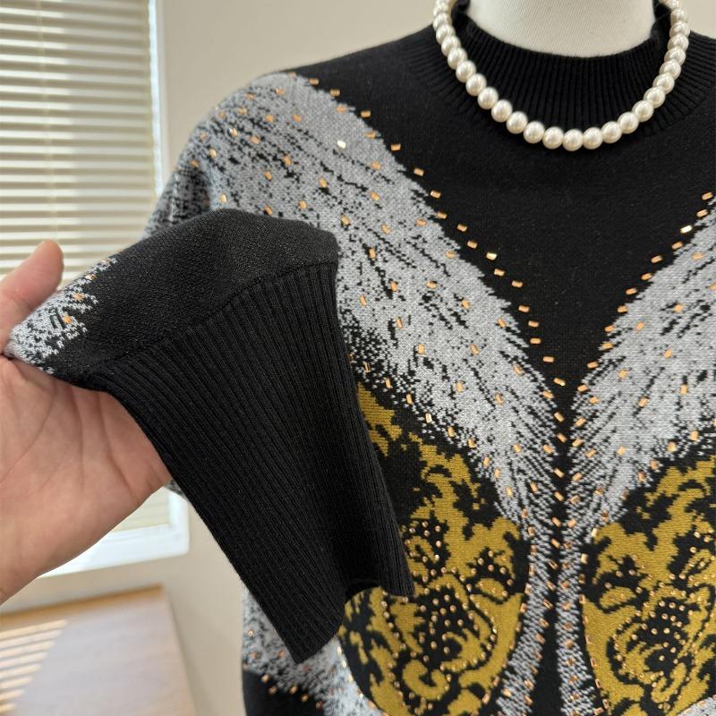 Ladies Retro Floral Knitwear Contrast Color Casual Elegant Pullover Sweater