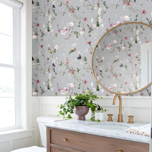 VEELIKE Floral Wallpaper Stickers, Japanese Style, Plum Blossoms and Butterflies, Gray, Remake Sheet, Cutting Sheet, Renovation, Interior Decor, Wallp