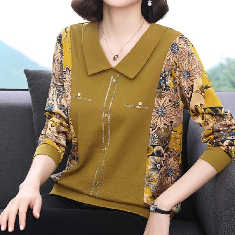 T-shirt Elegante da Donna a Maniche Lunghe con Inserti in Chiffon per Donne di Mezza Età e Anziane - Collezione Autunno 2024