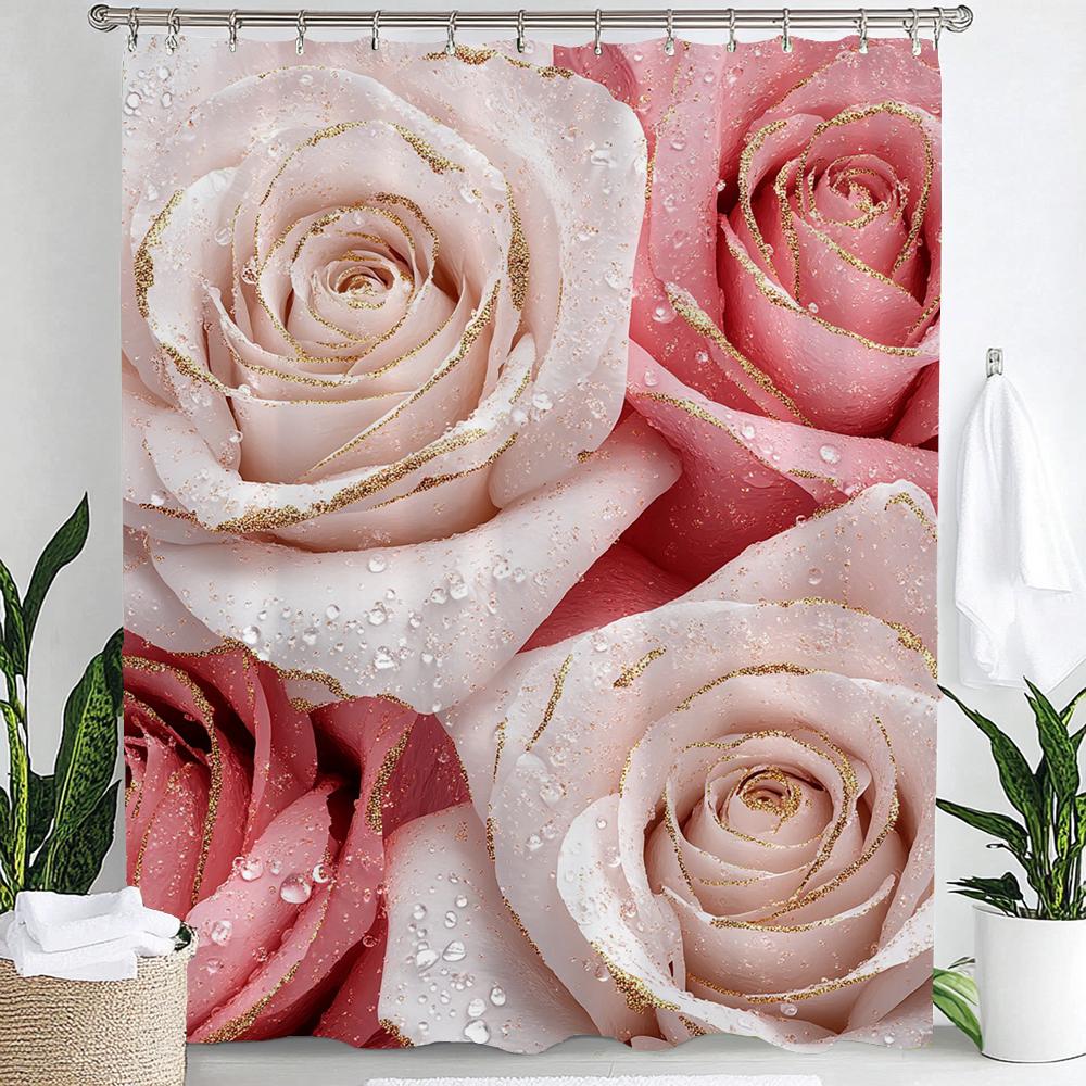 Rosa Blumen Duschvorhang für Damen, Braut, Hochzeit, Rosa Blumen, Romantisch, Geeignet für Mädchen, Hängender Vorhang Mit Haken