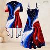 Women Plus Size Two Piece Set Short Sleeve Open Cardigan V Neck Strappy Flared Printed Dress Red Blue White