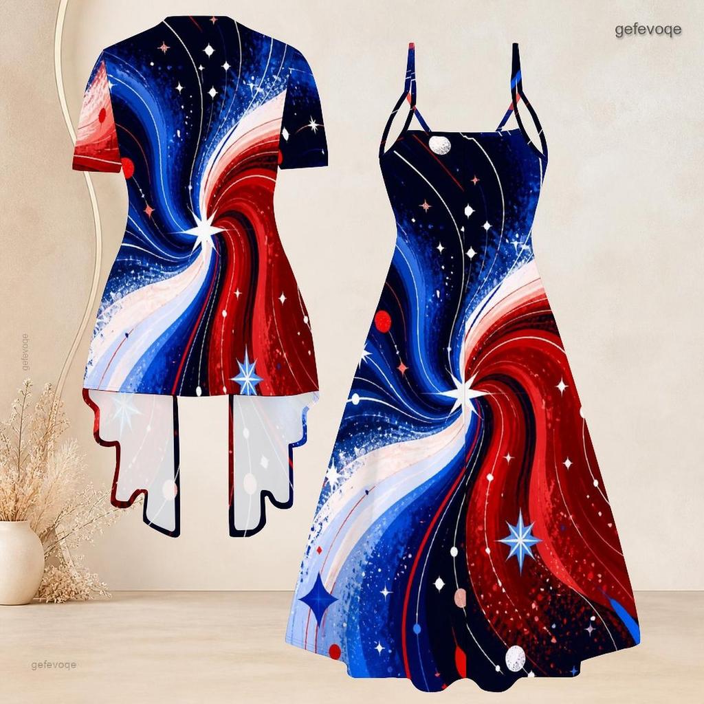 Women Plus Size Two Piece Set Short Sleeve Open Cardigan V Neck Strappy Flared Printed Dress Red Blue White