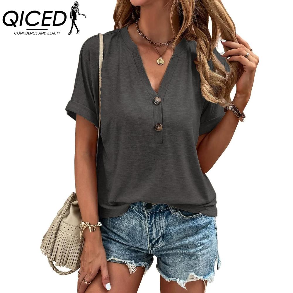 QICED Women's Fashion Casual Solid Color Print Short Sleeve V Neck Blouses & Shirts
