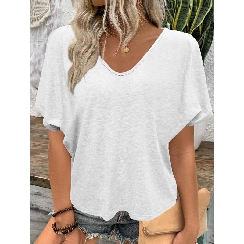 

Летняя свободная повседневная женская футболка с короткими рукавами, однотонная, с V-образным вырезом, простая офисная, элегантная, модная, топы больших размеров, блузка, базовые женские рубашки M белый