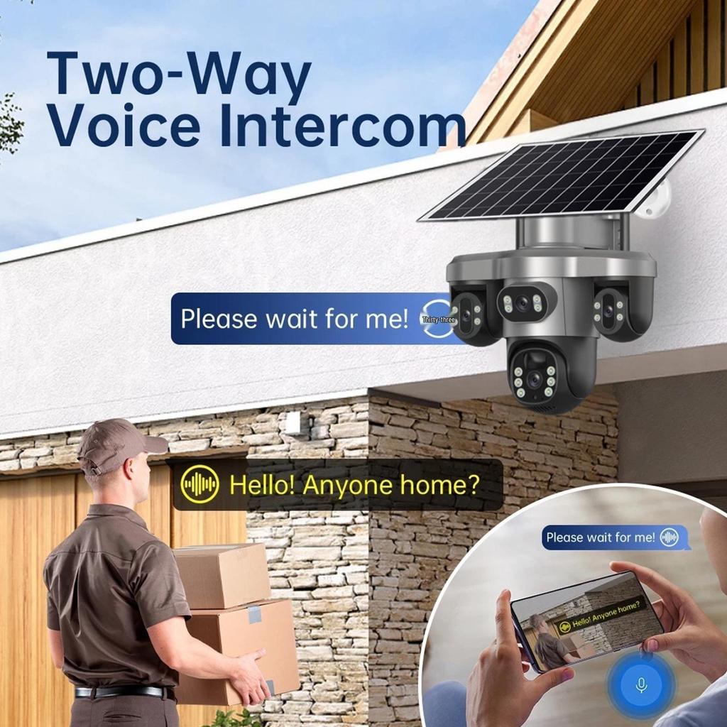 V380 4G Solar Camera with Three-Lens, Three-Axis Gimbal for Home Monitoring - Wireless, Low Power Battery.