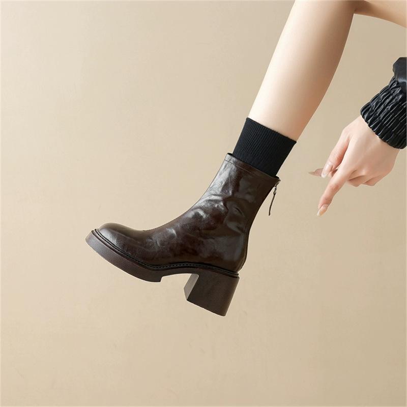 This Season's Strong Push~! Autumn and Winter Thick Heel Round Head Rear Zipper Soft Sole Soft Surface Short Boots 6cm High Heel Martin Boots a